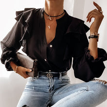 Load image into Gallery viewer, Casual Leopard Dot Print Ruffle Blouse Shirt Autumn Winter Long Sleeve Women Shirts Elegant Office Lady V-Neck Button Tops Blusa