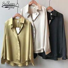 Load image into Gallery viewer, 2021 Spring Women Fashion Long Sleeves Satin Blouse Vintage Femme V Neck Street Shirts Elegant Imitation Silk Blouse 5273 50