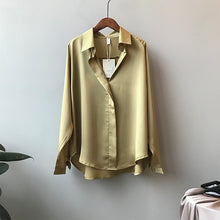 Load image into Gallery viewer, 2021 Spring Women Fashion Long Sleeves Satin Blouse Vintage Femme V Neck Street Shirts Elegant Imitation Silk Blouse 5273 50