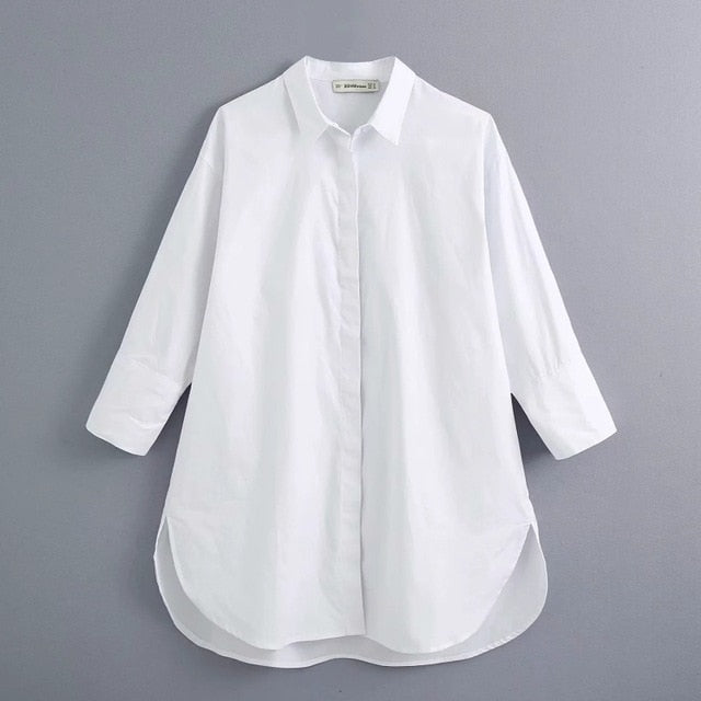 New 2020 women simply style buttons decoration casual white poplin blouse office lady side split shirts chic blusas tops LS6562