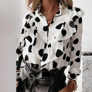 Casual Leopard Dot Print Ruffle Blouse Shirt Autumn Winter Long Sleeve Women Shirts Elegant Office Lady V-Neck Button Tops Blusa