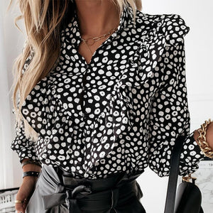 Casual Leopard Dot Print Ruffle Blouse Shirt Autumn Winter Long Sleeve Women Shirts Elegant Office Lady V-Neck Button Tops Blusa