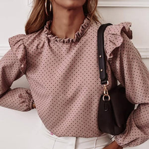 Casual Leopard Dot Print Ruffle Blouse Shirt Autumn Winter Long Sleeve Women Shirts Elegant Office Lady V-Neck Button Tops Blusa