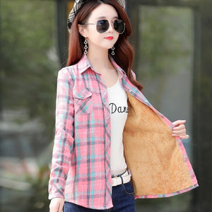 Velvet Thick Warm Women's Plaid Shirt Female Long Sleeve Tops M-XXL Winter Fleece Casual Check Blouse Autumn Clothes T77710A